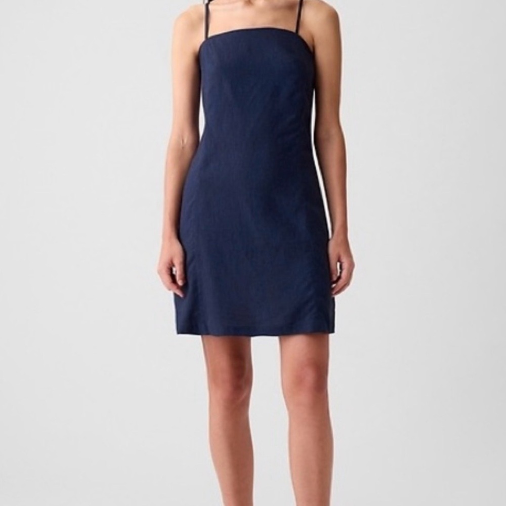 GAP Navy Spaghetti-Strap Linen-Blend Mini Dress — Size M TALL